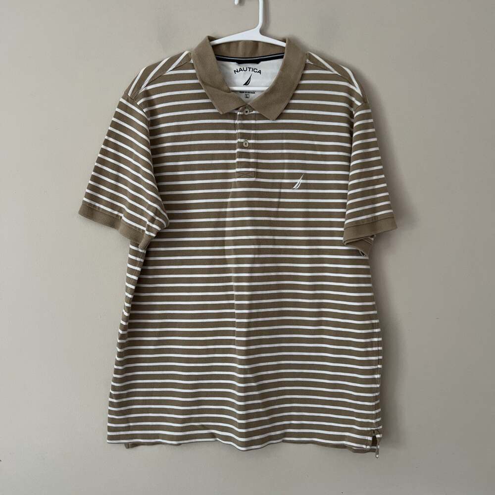 Nautica Short Sleeve Polo Shirt Men's Tan White Striped Classic Large
